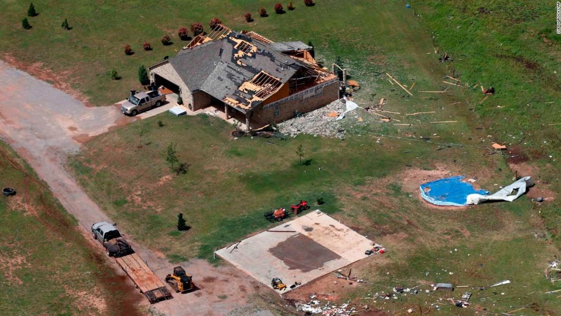 A house damaged in a tornado Monday, May 20, 2019, in Mangum, Okla., is pictured from the air Tuesday, May 21. A strong band of storms has spawned more than 30 tornadoes across the central U.S., damaging homes in Oklahoma, demolishing a rack track grandstand in Missouri and drenching waterlogged states with more water and more flooding.