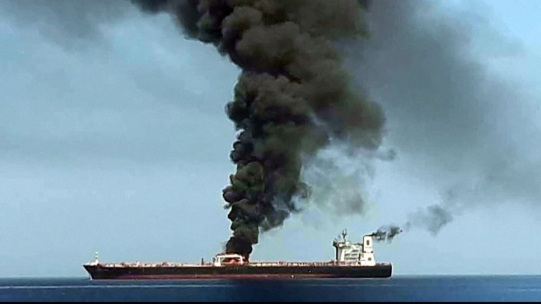 Obtained by AFP from Iranian State TV IRIB reportedly shows smoke billowing from a tanker said to have been attacked off the coast of Oman, at an undisclosed location.