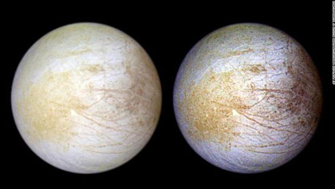 Se ha hallado que Europa, la luna del planeta Júpiter, tiene un océano subsuperficial debajo de una corteza helada, y que esta contiene sal de mesa. Tara Regio es el área amarillenta a la izquierda del centro del planeta. En ella, los investigadores identificaron una gran cantidad de cloruro de sodio.