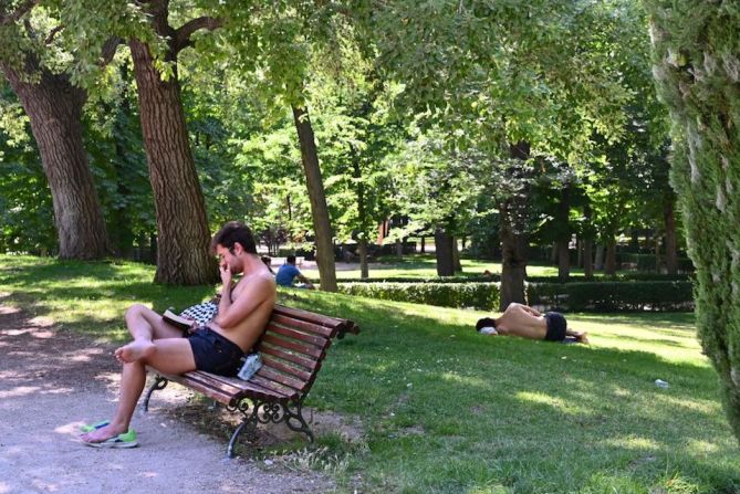 Personas descansan a la sombra en el Parque del Retiro en Madrid.