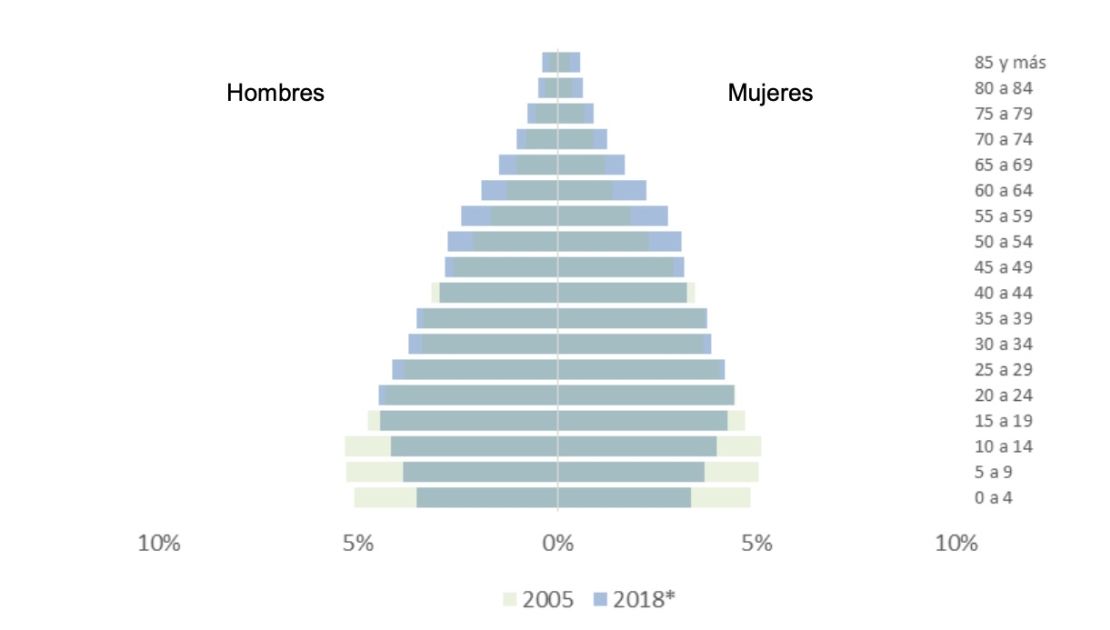 En la pirámide poblacional del DANE se observa la reducción de la base de la pirámide en el último censo, el de 2018, respecto al de 2005.