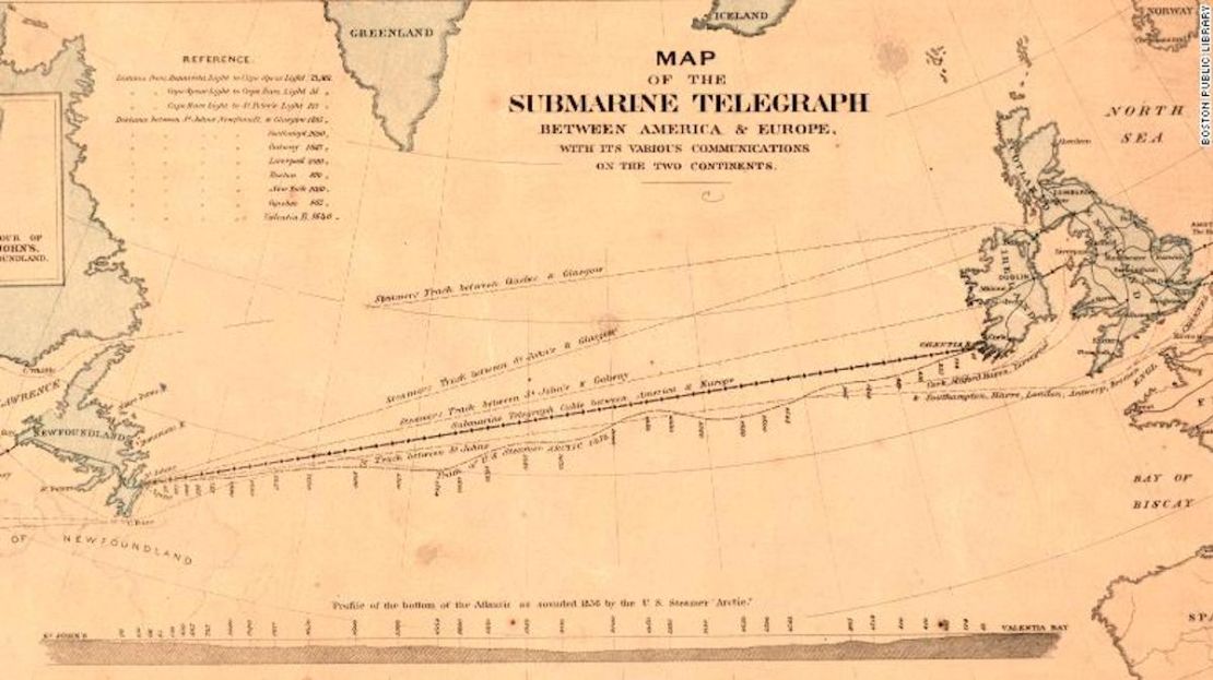 Este mapa muestra el primer cable de telégrafo transatlántico entre EE.UU. y Gran Bretaña.