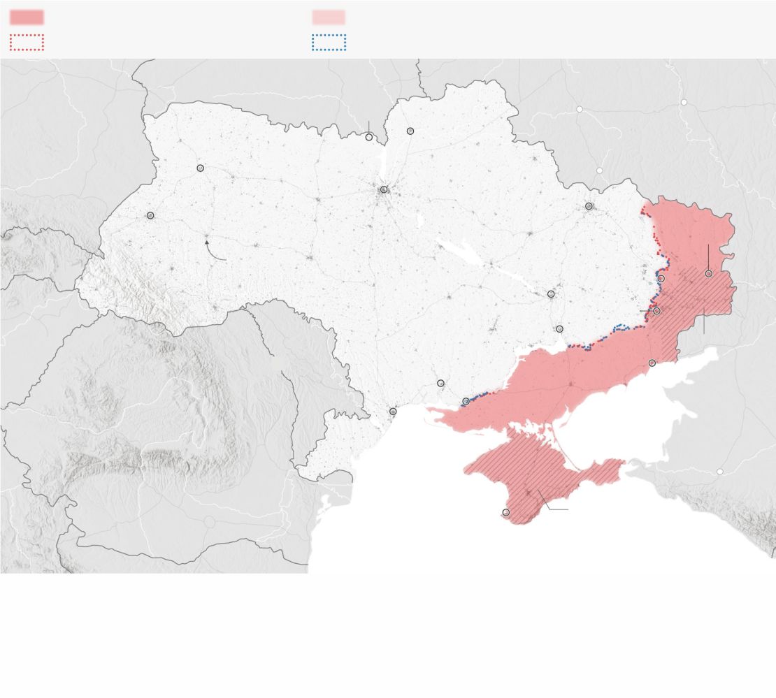 “Evaluado” significa que el Instituto para el Estudio de la Guerra ha recibido información confiable y verificable de forma independiente para demostrar el control o los avances rusos en esas áreas. Los avances rusos son áreas donde las fuerzas rusas han operado o lanzado ataques, pero no las controlan. Las áreas “reclamadas” son donde las fuentes han dicho que se están produciendo controles o contraofensivas, pero ISW no puede corroborar ni demostrar que sean falsas. Fuentes: Instituto para el Estudio de la Guerra con el Proyecto Amenazas Críticas de la AEI; LandScan HD para Ucrania, Laboratorio Nacional Oak Ridge Gráfico: Henrik Pettersson y Renée Rigdon, CNN