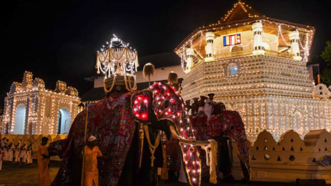 En esta fotografía tomada el 14 de agosto de 2019, los elefantes decorados para el festival "Esala Perahera" pasan por el templo budista del Diente en la antigua capital de la colina de Kandy (Getty Images).