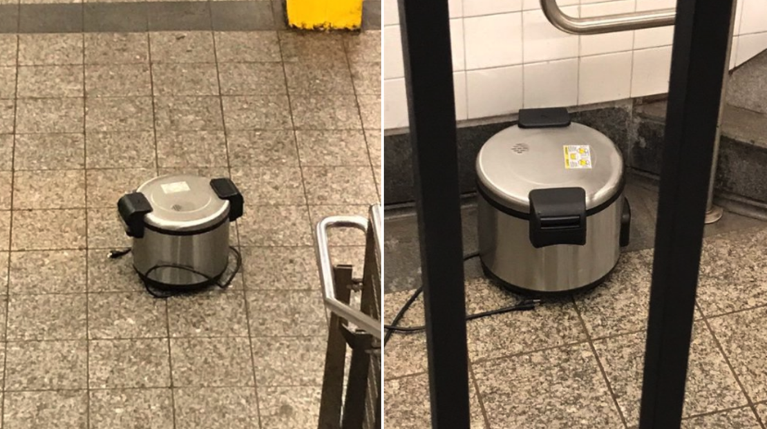 Las dos ollas a presión que encontraron en una estación de metro de Nueva York tras reportes de paquetes sospechosos. Foto: @NYPDCT