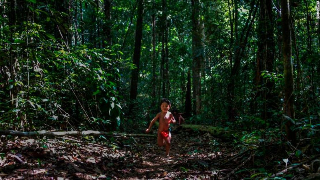 El pequeño Ruwan Waiapi juega en la jungla. Su padre, Jawaruwa Waiapi, habló ante las Naciones Unidas en Nueva York para pedir apoyo internacional para el Amazonas de Brasil y las tribus indígenas que viven en él.