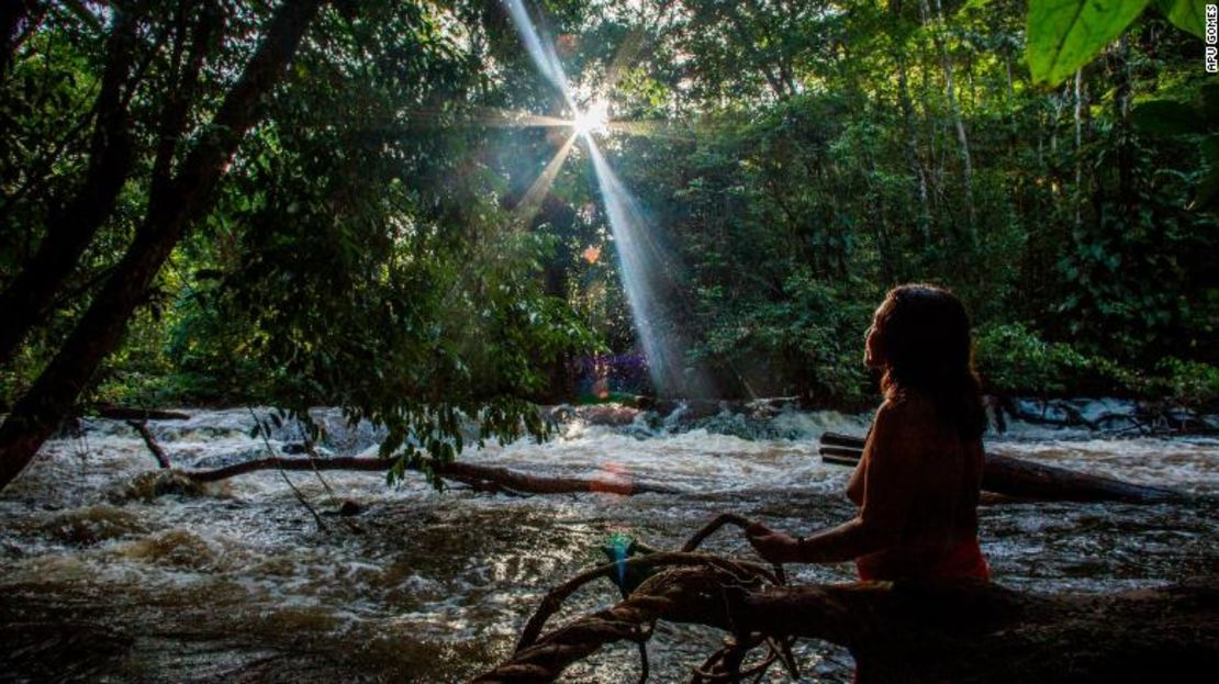 La jefa Ajareaty Waiapi junto al río Onca mirando hacia el bosque.