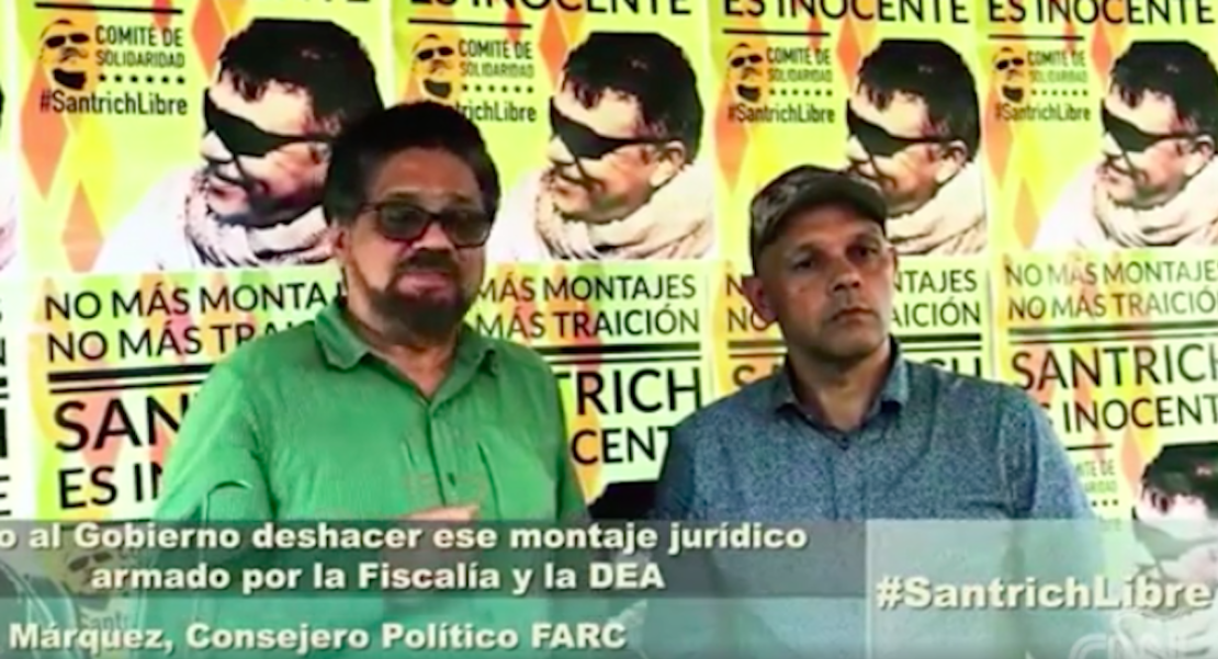 En esta imagen de NC Noticias de las FARC, aparecen Iván Márquez y alias 'El Paisa' (a la derecha) pidiendo la libertad de Jesús Santrich en abril de 2018.