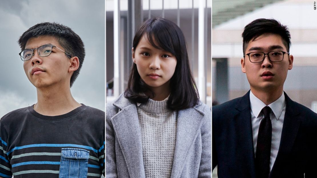 De izquierda a derecha: Joshua Wong, Agnes Chow y Andy Chan.