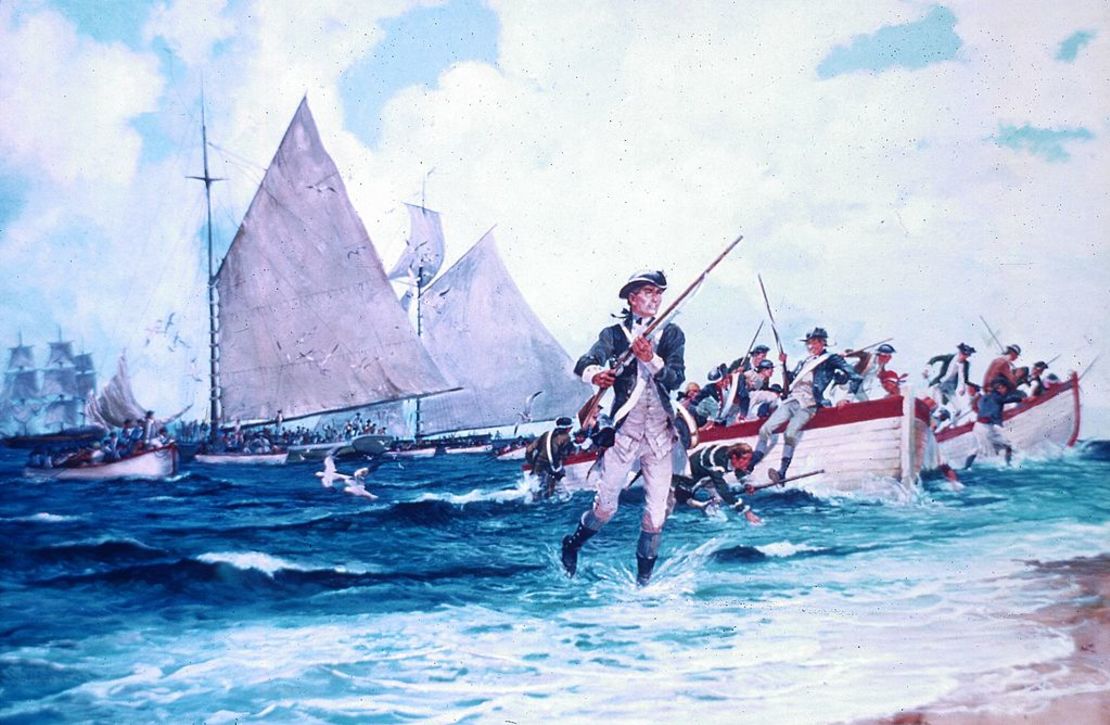 Las tropas estadounidenses saltan de botes de remos a las aguas poco profundas cuando desembarcan en las Bahamas durante la Guerra de la Independencia.