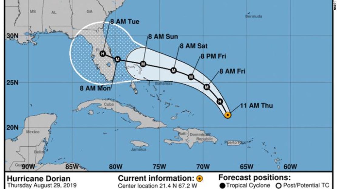 Trayectoria del huracán Dorian, proyectada el 29 de agosto.