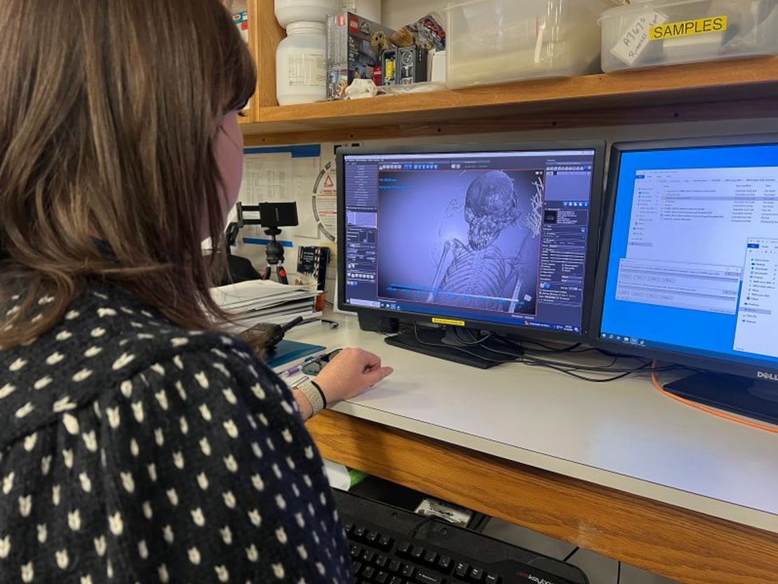 A Field Museum researcher analyzes composite scans of a mummified child.