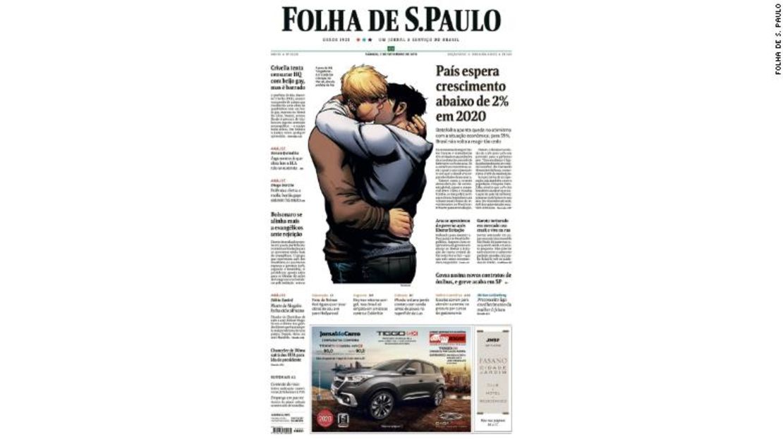 La portada del diario Folha De S.Paulo del sábado mostraba una imagen del cómic en la que aparecen dos hombres besándose.