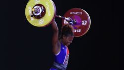 LIMA, PERU - JULY 27: Beatriz Piron of the Dominican Republic lifts during the Women's Weightlifting 49kg Group A on Day 1 of the Lima 2019 Pan Am Games at Mariscal Cáceres Coliseum of Chorrillos Military School on July 27, 2019 in Lima, Peru.