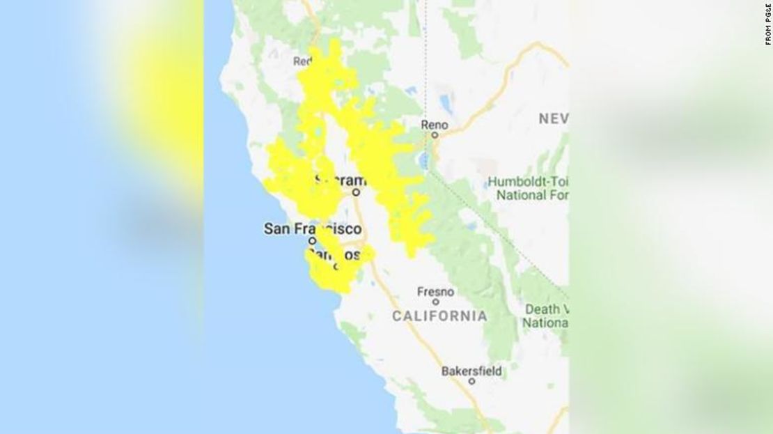 Este mapa de PG&E muestra las áreas de California que podrían verse afectadas por los cortes de energía.