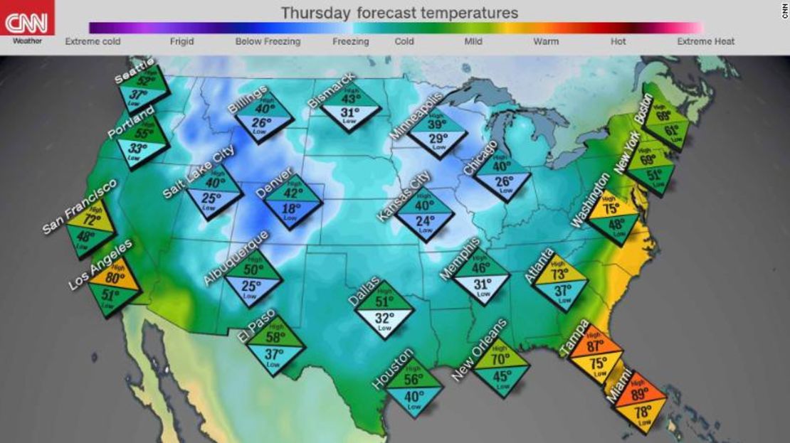 Estas son las bajas temperaturas pronosticadas para el jueves en varias zonas de Estados Unidos.