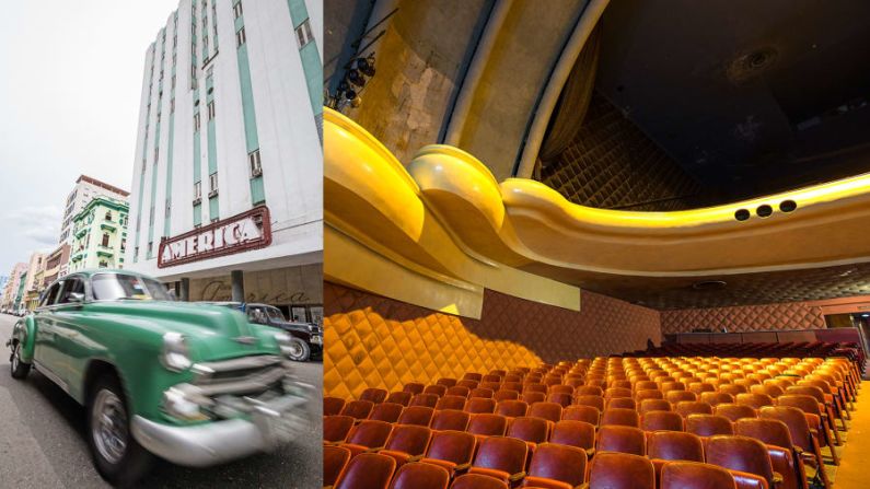 Diseñado por Fernando Martínez Campos y Pascual de Rojas, el Teatro América de La Habana abrió sus puertas en 1941. Las curvas interiores del teatro contrastan bruscamente con las líneas limpias de la fachada de menta y blanco. El vestíbulo cuenta con una escalera curva doble y un piso de terrazo circular incrustado con signos del zodiaco. El teatro está cerrado por reformas. Ubicación: 253 Calle Galiano, entre Neptuno y Concordia.