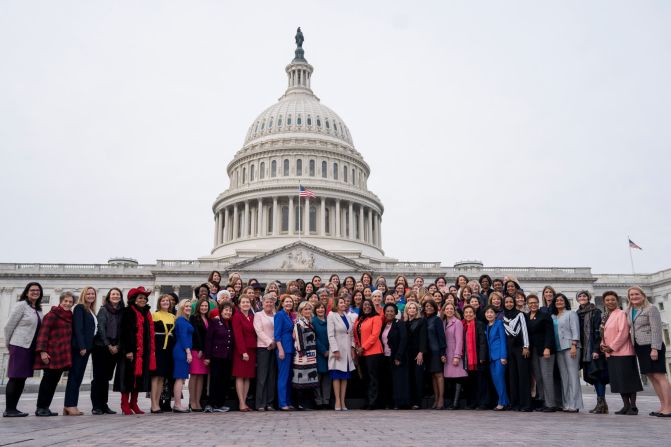 4 de enero: la presidenta de la Cámara de Representantes, Nancy Pelosi, y otras congresistas demócratas posan juntas frente al Capitolio de Estados Unidos. Un número récord de mujeres elegidas para el Congreso fue clave para que los demócratas reclamaran la mayoría en la Cámara.