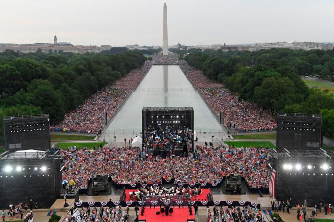 4 de julio: Multitudes se reúnen alrededor del estanque reflectante del Monumento a Lincoln para ver al presidente Donald Trump hablar en Washington. La ceremonia de "Saludo a América" de Trump contó con sobrevuelos militares, música y un discurso en gran parte apolítico que dio un tono patriótico. Pero el evento atrajo un considerable escrutinio en los días previos, ya que algunos sintieron que estaba politizando a los militares. Susan Walsh / Pool / AFP / Getty Images