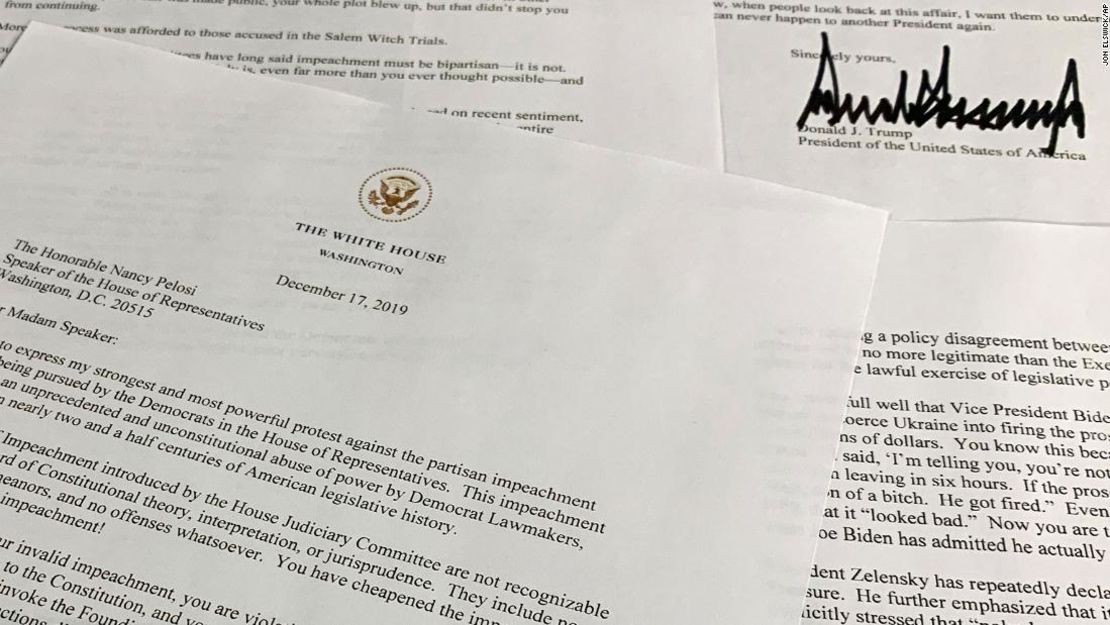 Carta enviada por el presidente Donald Trump a la presidenta de la Cámara, Nancy Pelosi, enviada el 17 de diciembre de 2019.