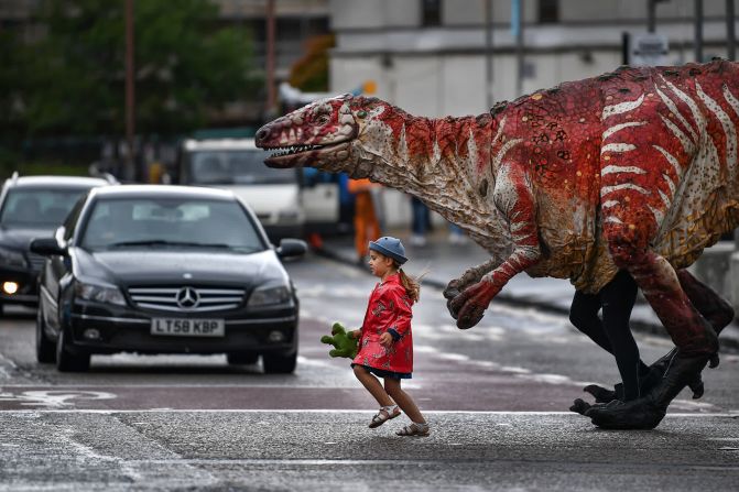 Freya Smith, de 3 años, adelante de una de las marionetas de dinosaurios gigantes de Erth a través de una vía en Edimburgo, Escocia, el 6 de agosto. Erth es una compañía de teatro australiana que presenta un espectáculo llamado Dinosaur Zoo.