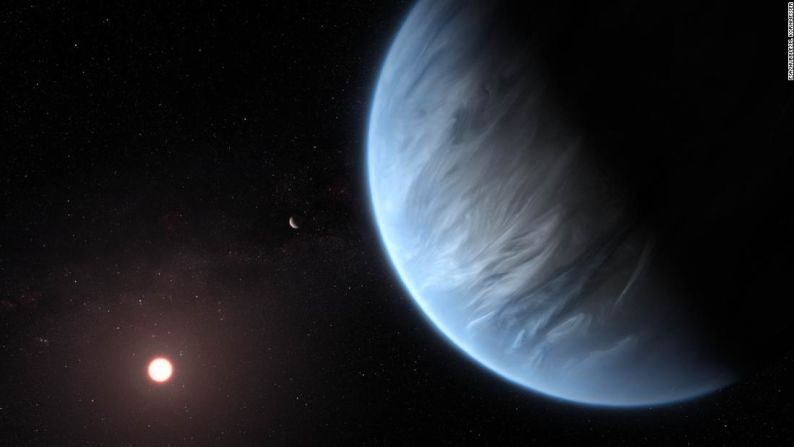 La ilustración de este artista muestra el exoplaneta K2-18b en órbita alrededor de su estrella anfitriona. Actualmente es el único exoplaneta súper-Tierra que tiene vapor de agua en su atmósfera y podría estar dentro de la temperatura adecuada para mantener la vida. ESA / Hubble / M. Kornmesser