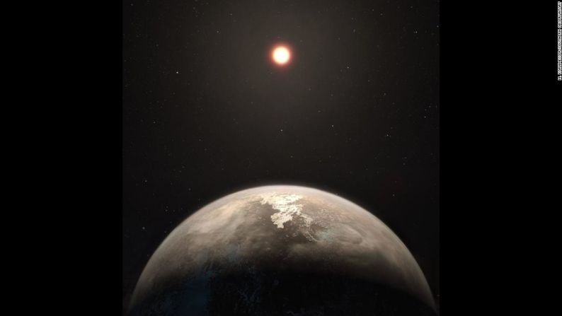 La ilustración de este artista muestra el exoplaneta Ross 128 b, con su estrella anfitriona enana roja en el fondo. El planeta está a solo 11 años luz de nuestro sistema solar. Ahora es el segundo planeta templado más cercano en ser detectado, después de Proxima b. M. Kornmesser / Observatorio del Sur