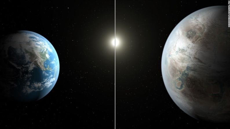 Esta imagen conceptual artística compara la Tierra, izquierda, con Kepler-452b, que es aproximadamente un 60% más grande. Ambos planetas orbitan una estrella de tipo G2 de aproximadamente la misma temperatura; sin embargo, la estrella que aloja Kepler-452b tiene 6 mil millones de años, 1,5 mil millones de años más que nuestro sol. NASA / Ames / JPL-Caltech / T. Pyle