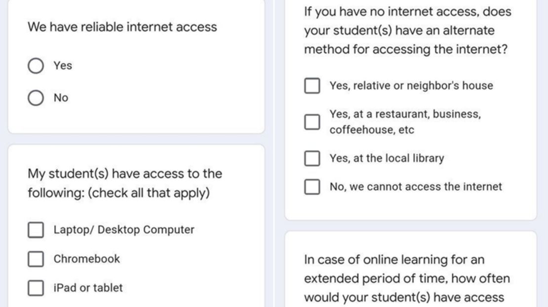 Pantallazo de la encuesta sobre conectividad enviada a estudiantes en preparación para recibir clases en línea.