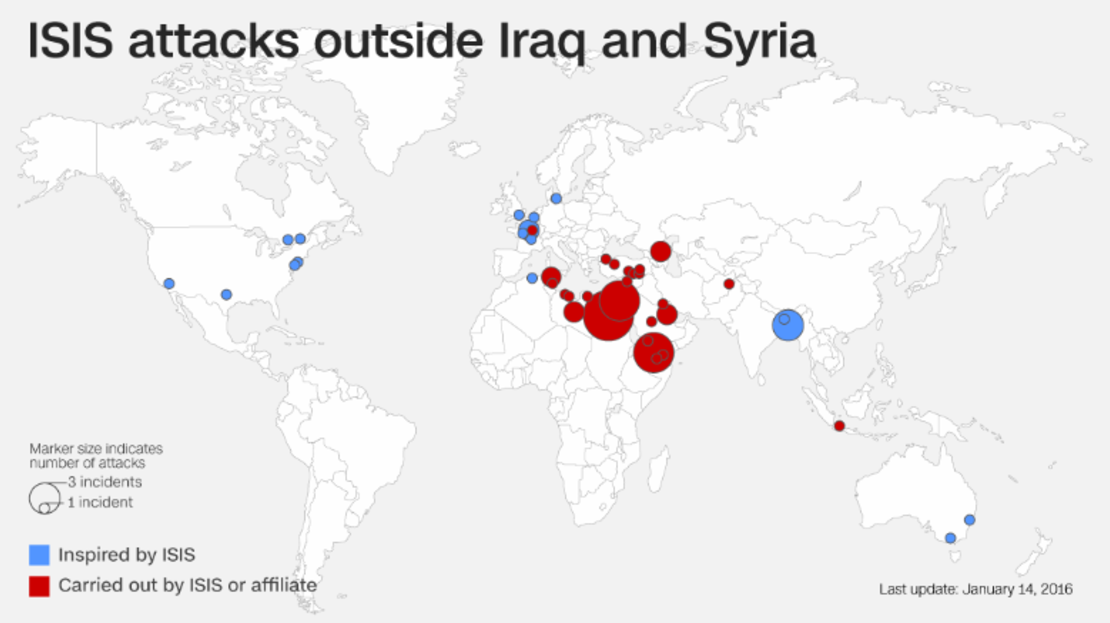 En azul, los ataques por fuera de Iraq y Siria inspirados por ISIS. En rojo, los ataques realizados por ISIS o grupos afiliados