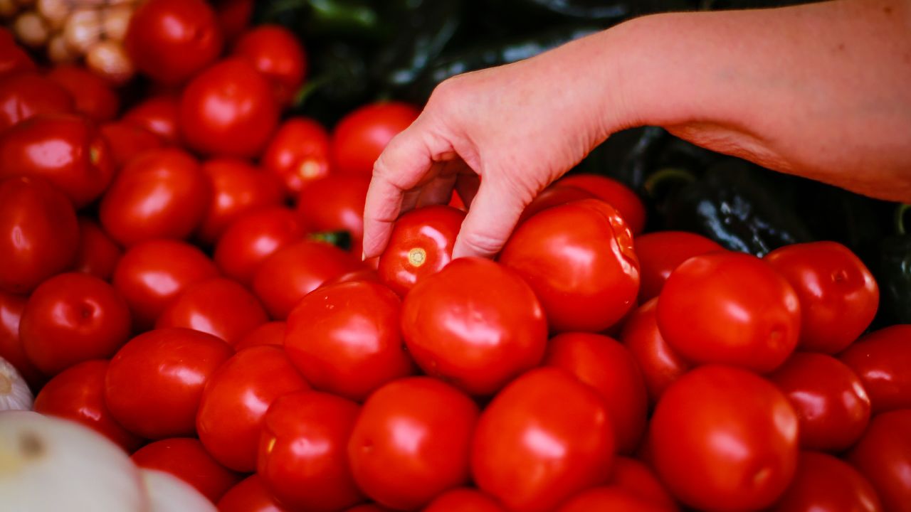 MEXICO CITY, MEXICO - MAY 09: A woman picks a tomato at a market on Matías Romero street on May 9, 2019 in Mexico City, Mexico. On May 7 the United States imposed a 17.5% tariff on tomatoes of Mexican origin after a breakdown of a 22 year agreement.