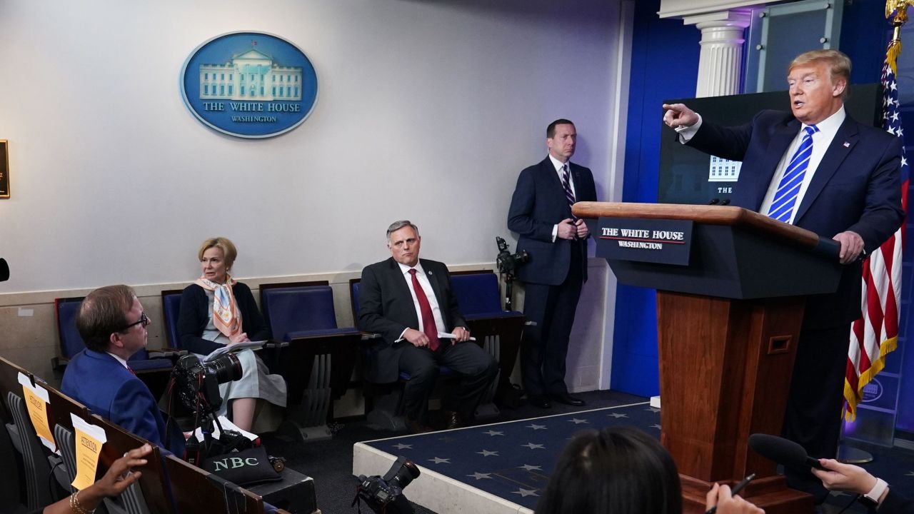 Response coordinator for White House Coronavirus Task Force Deborah Birx sits next to Department of Homeland Security's Under Secretary for Science and Technology William N. Bryan as they listen to US President Donald Trump speak during the daily briefing on the novel coronavirus, which causes COVID-19, in the Brady Briefing Room of the White House on April 23, 2020, in Washington, DC. (Photo by MANDEL NGAN / AFP)