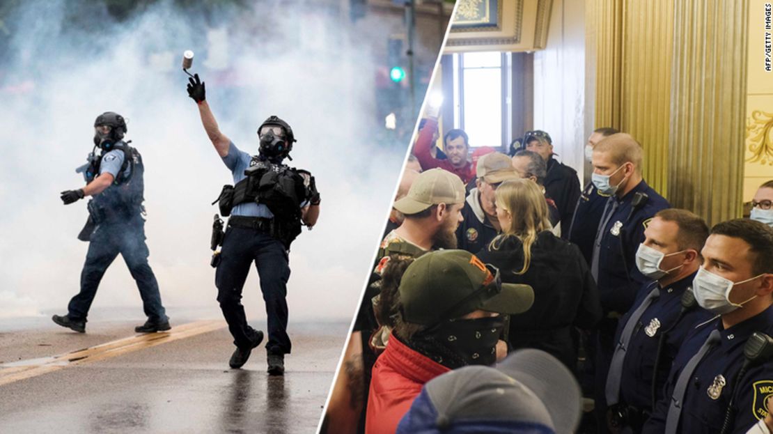 Izquierda: un agente de policía arroja una lata de gas lacrimógeno contra manifestantes en el tercer distrito policial de Minneapolis, tras un mitin en nombre de George Floyd el 26 de mayo. Derecha: manifestantes ingresaron al Capitolio de Michigan durante una protesta contra la orden de confinamiento de la gobernadora Gretchen Whitmer el 30 de abril.