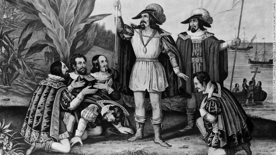Impresión de Currier e Ives del explorador italiano Cristóbal Colón (1451-1506), llegando a "las Indias Occidentales" el 11 de octubre de 1492.