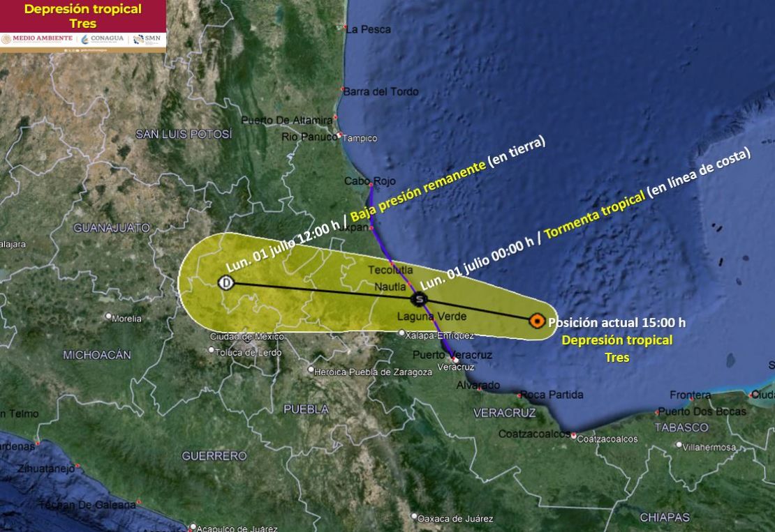 El pronóstico de trayectoria de la depresión tropical tres, la cual se convertiría en la tormenta tropical Chris el lunes a primera hora, según el SMN.