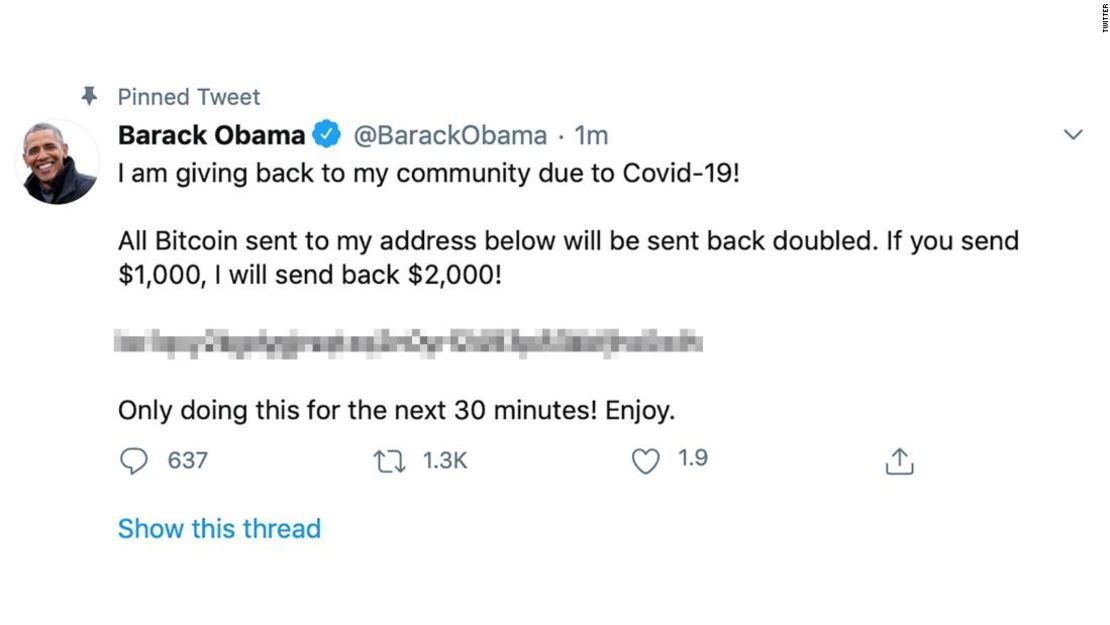 La cuenta de Twitter de Barack Obama también pareció estar comprometida como parte de un incidente de seguridad más amplio en la plataforma el miércoles. CNN difumina una parte de la imagen.