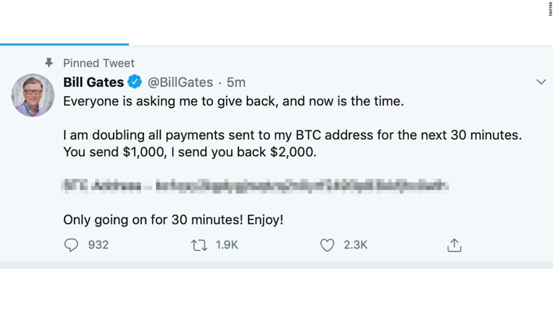 Bill Gates fue uno de los principales usuarios de Twitter cuyas cuentas fueron comprometidas el miércoles. CNN ha borrado una parte de la imagen.