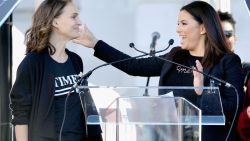 LOS ANGELES, CA - JANUARY 20: Actors Natalie Portman (L) and Eva Longoria speak during the Women's March Los Angeles 2018 on January 20, 2018 in Los Angeles, California.