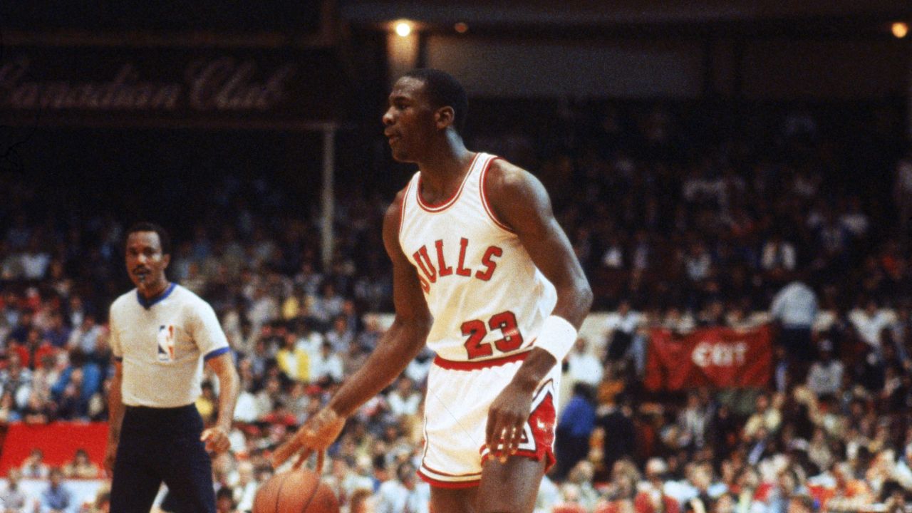 CHICAGO - APRIL 1985:  Michael Jordan #23 of the Chicago Bulls moves the ball at the parameter during an Eastern Conference First Round Playoff game April 1985 game at the Chicago Stadium in Chicago, Illinois. The Bucks won the series 3-1.