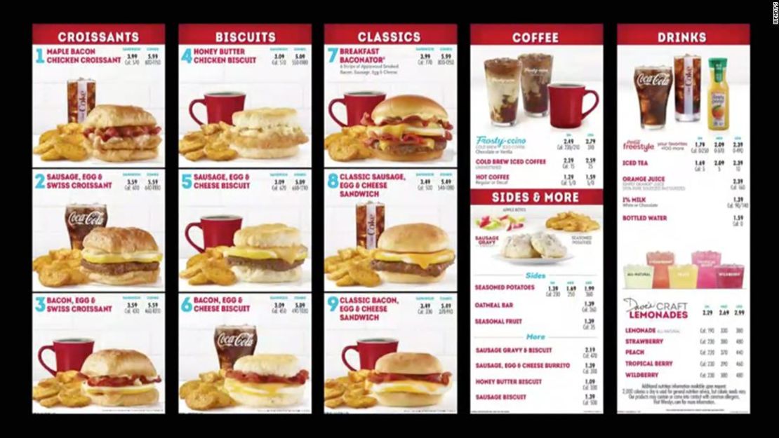 Menú de desayuno de Wendy's en EE.UU.