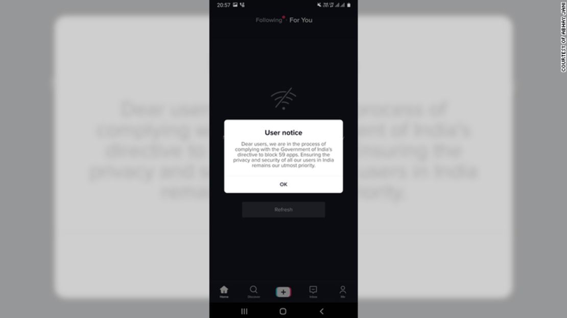 Este es el mensaje de error que para los usuarios de TikTok en India, el cual dice que la aplicación está "cumpliendo con la directiva del Gobierno de India".
