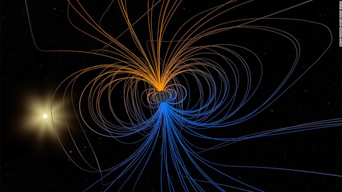 Visualización estereoscópica de la NASA muestra un modelo del campo magnético de la Tierra.