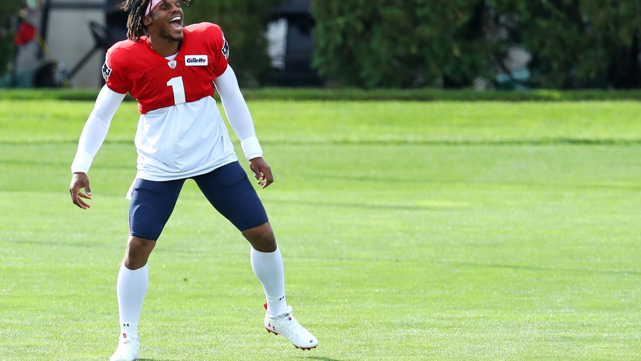 FOXBOROUGH, MASSACHUSETTS - SEPTEMBER 01: Cam Newton #1 warms up during New England Patriots Training Camp at Gillette Stadium on September 01, 2020 in Foxborough, Massachusetts.