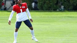 FOXBOROUGH, MASSACHUSETTS - SEPTEMBER 01: Cam Newton #1 warms up during New England Patriots Training Camp at Gillette Stadium on September 01, 2020 in Foxborough, Massachusetts.