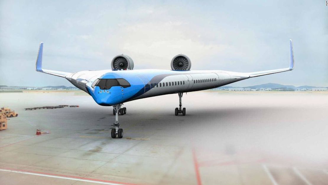 En las alas: la aerolínea holandesa KLM ha acordado encontrar el desarrollo de un avión en forma de V conocido como Flying-V, que incorpora la cabina de pasajeros, los tanques de combustible y la bodega de carga en las alas. Edwin Wallet, OSO Studio