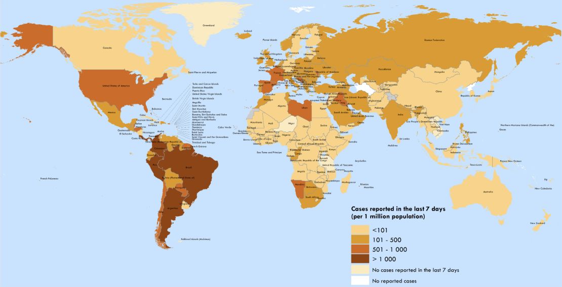 Casos de covid-19 por millón de habitantes notificados en los últimos siete días por países, territorios y áreas, del 3 de agosto al 6 de septiembre de 2020.