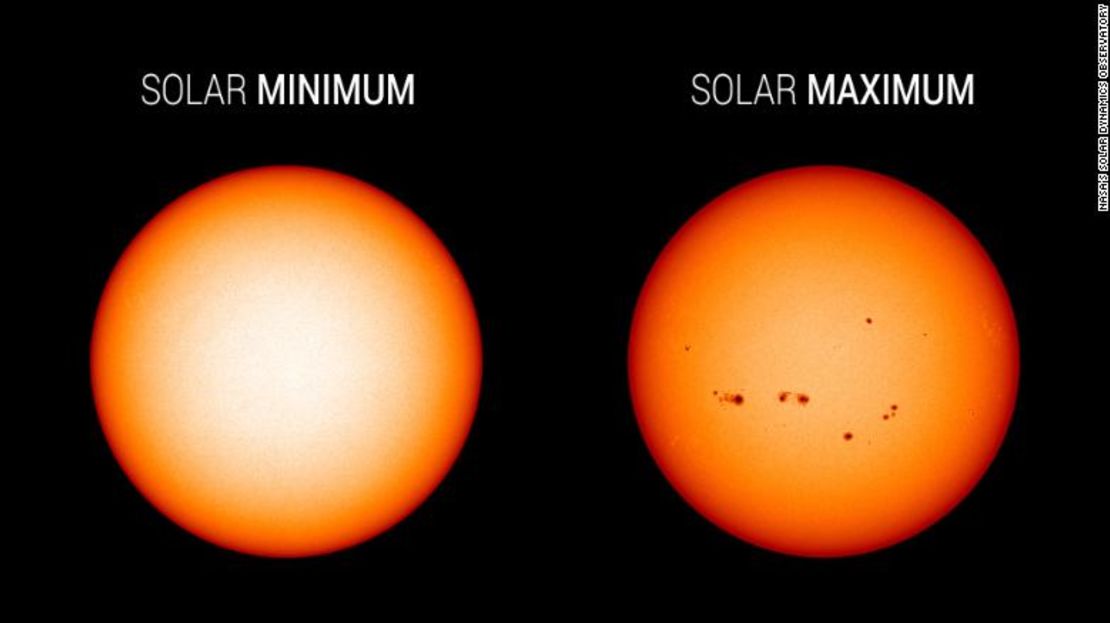 Imágenes de la NASA muestran el mínimo solar en diciembre de 2019, a la izquierda, y el máximo solar en julio de 2014, a la derecha.