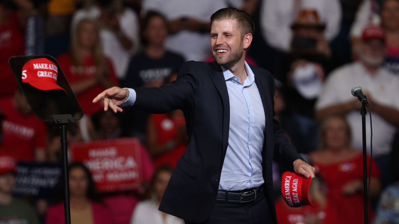 TULSA, OKLAHOMA - JUNE 20: Eric Trump tosses a hat into the crowd at a campaign rally for his father U.S. President Donald Trump at the BOK Center, June 20, 2020 in Tulsa, Oklahoma. Trump is holding his first political rally since the start of the coronavirus pandemic at the BOK Center on Saturday while infection rates in the state of Oklahoma continue to rise.