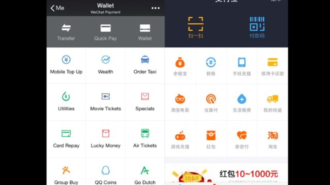 Las opciones de pago son WeChat wallet a la izquierda y a la derecha, Alipay wallet.