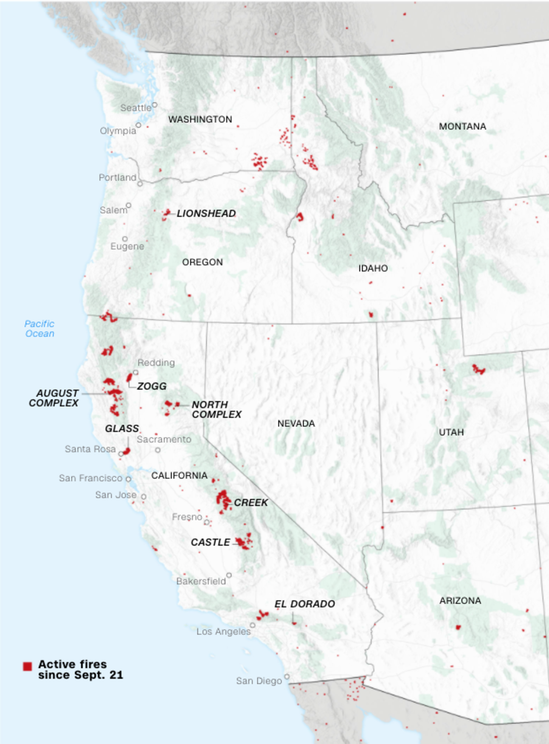 Incendios forestales arden en el oeste de EE.UU.Los puntos rojos representan los incendios activos dede el 21 de septiembre.